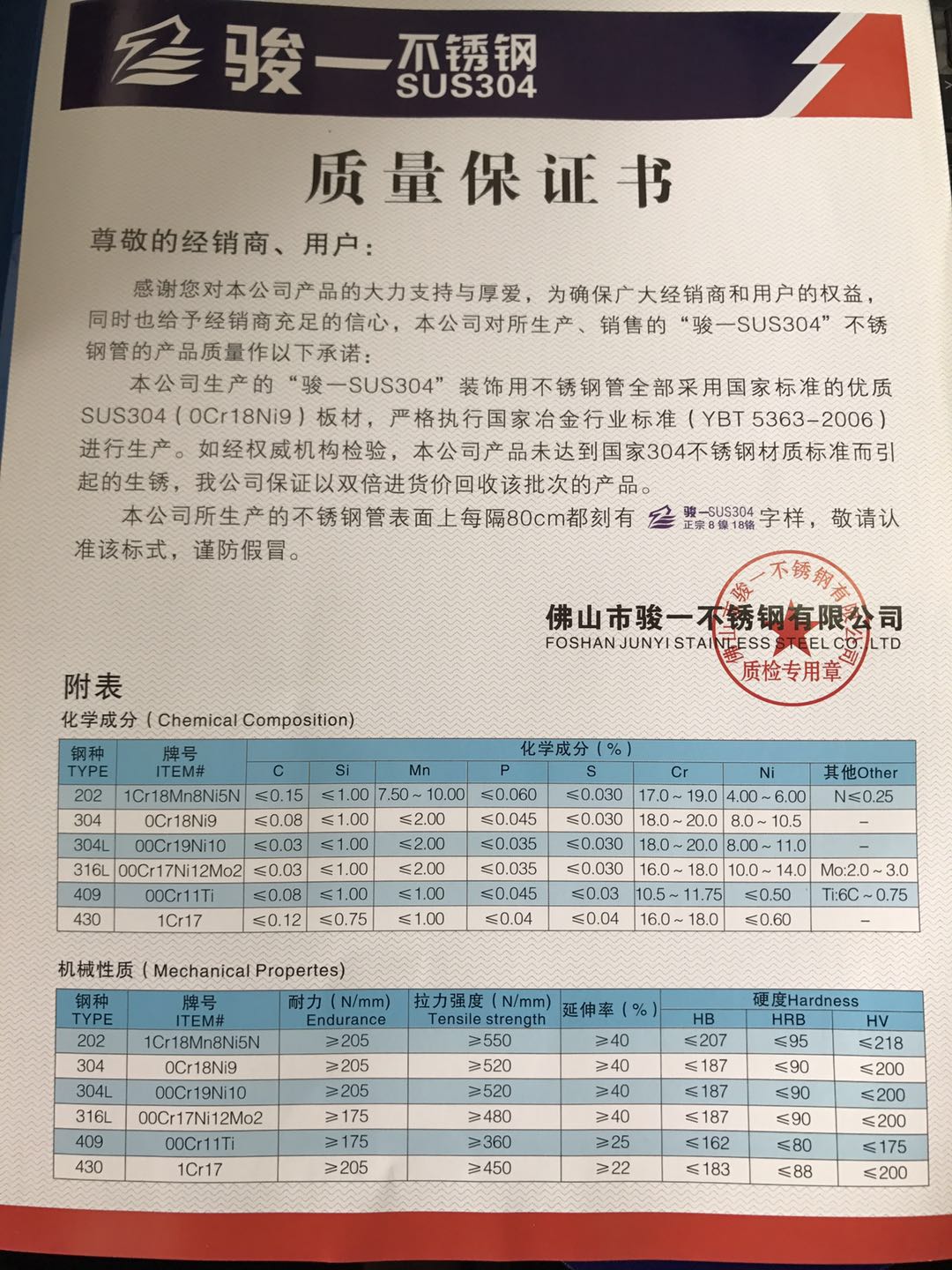 供应骏一牌SUS304不锈钢管材